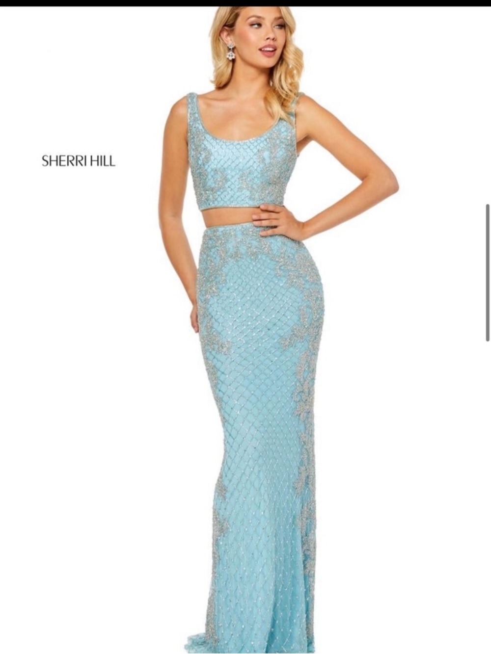 Sherri Hill Light Blue Beaded Two-Piece Evening Gown